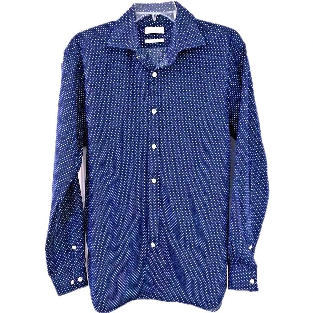 Michael Kors Dress Shirt Mens Large 16.5 34/35 Slim Fit Navy Cotton Diamond Blue